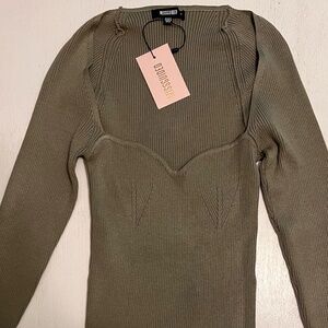 Green Rib Square Neck Sweetheart Knit Top